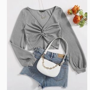 Waffle Style Green-Grey Twist Knot Top